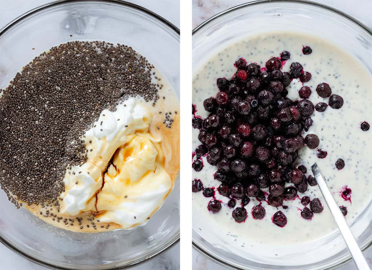 Chia seeds, yogurt, and vanilla vanilla extract in a glass bowl on the left and after whisking with added blueberries on the right.