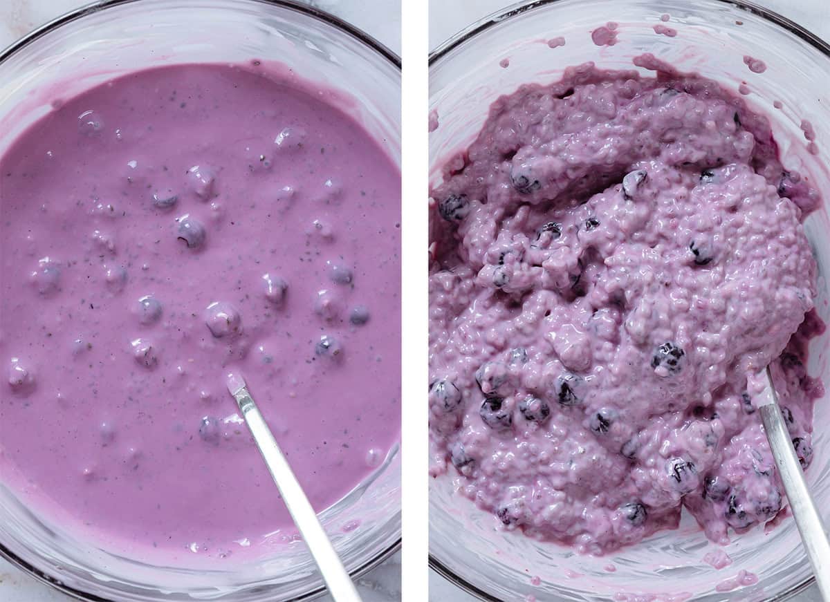 Blueberry chia pudding in a glass bowl before and after soaking overnight in the fridge and thickening.