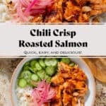 Chili crisp salmon rice bowl with sliced cucumber, sesame seeds, and pickled red onion.