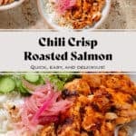 Chili crisp salmon rice bowl with sliced cucumber, sesame seeds, and pickled red onion.