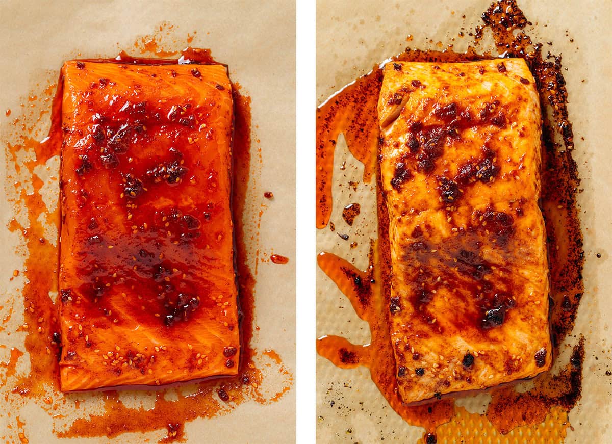 A piece of salmon brushed with lots of chili crisp sauce on a baking sheet lined with parchment paper before and after roasting.