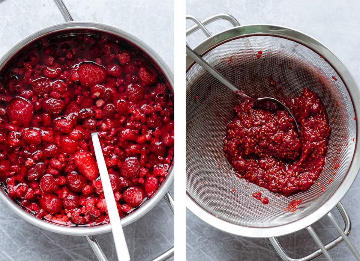Rasberry syrup with fresh raspberries before and after straining through a fine mesh strainer.