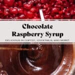 Raspberries simmered with water and sugar on top and after straining and whisking with cacao powder on the bottom.