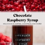 Chocolate raspberry syrup in a tall glass jar with an embossed label and with fresh raspberries all around.