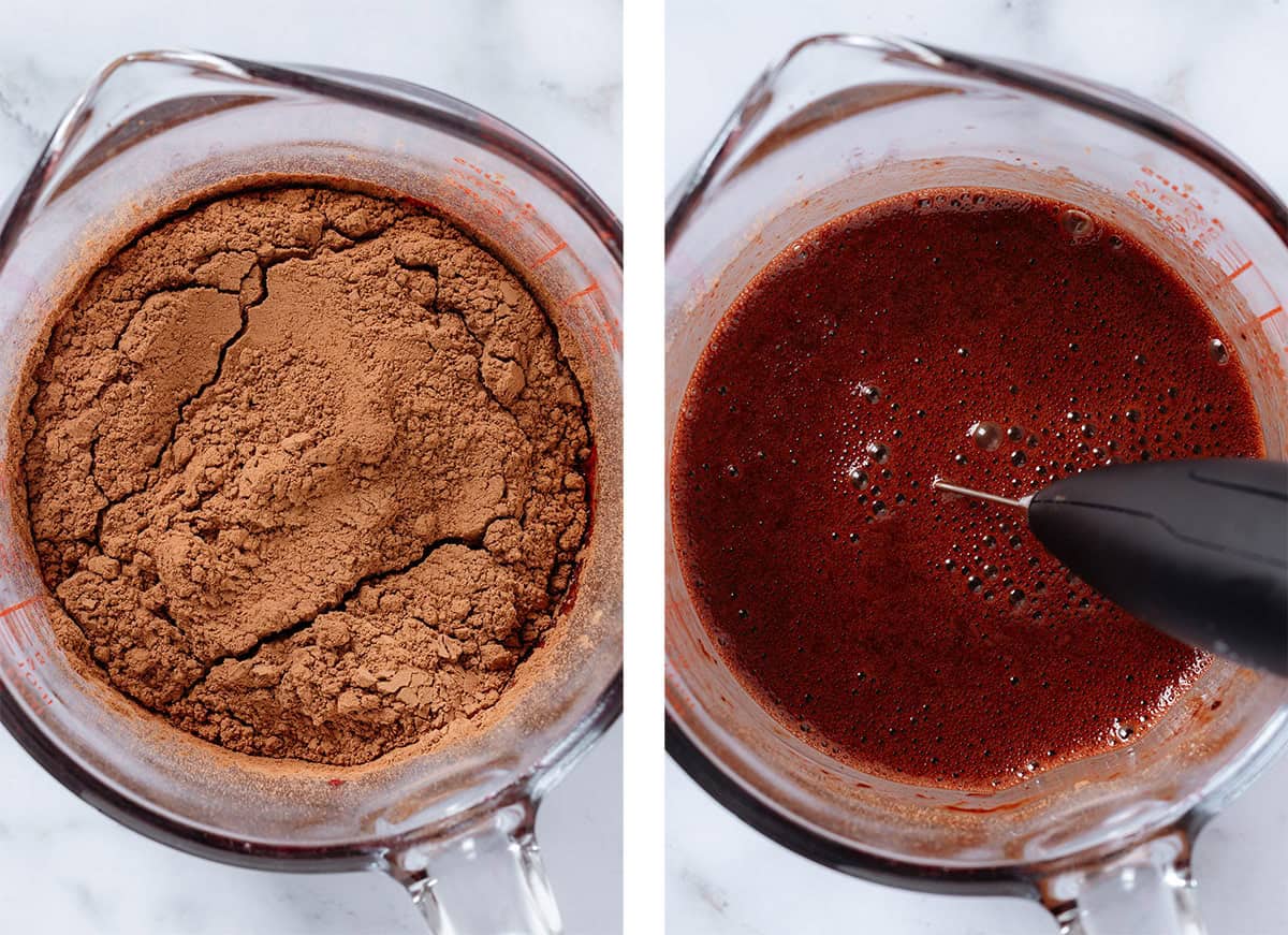 A large glass measuring cup with cacao powder on the left and after mixing it in on the right.