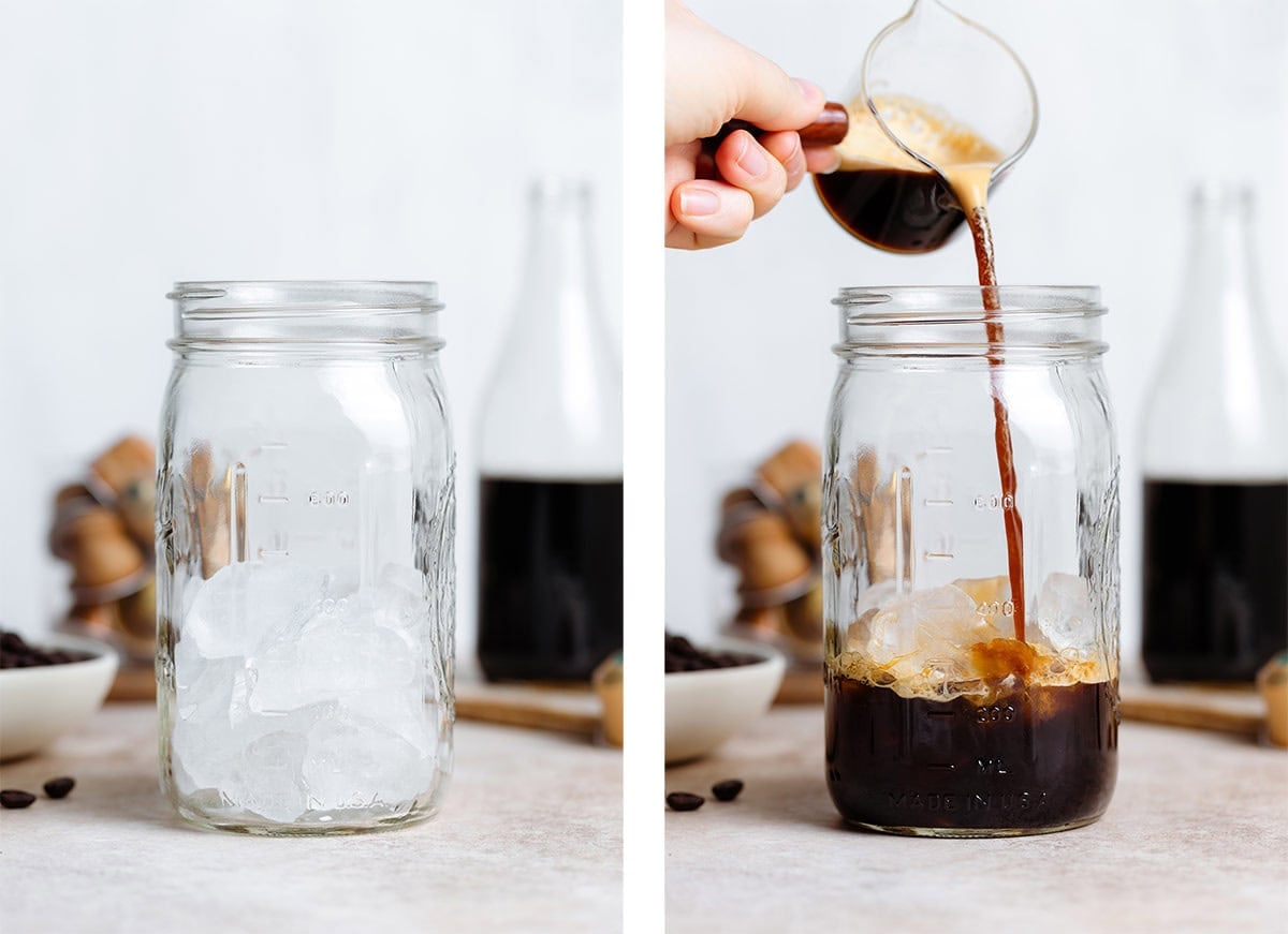 A large mason jar with ice on the left and fresh espresso being poured over the ice on the right.