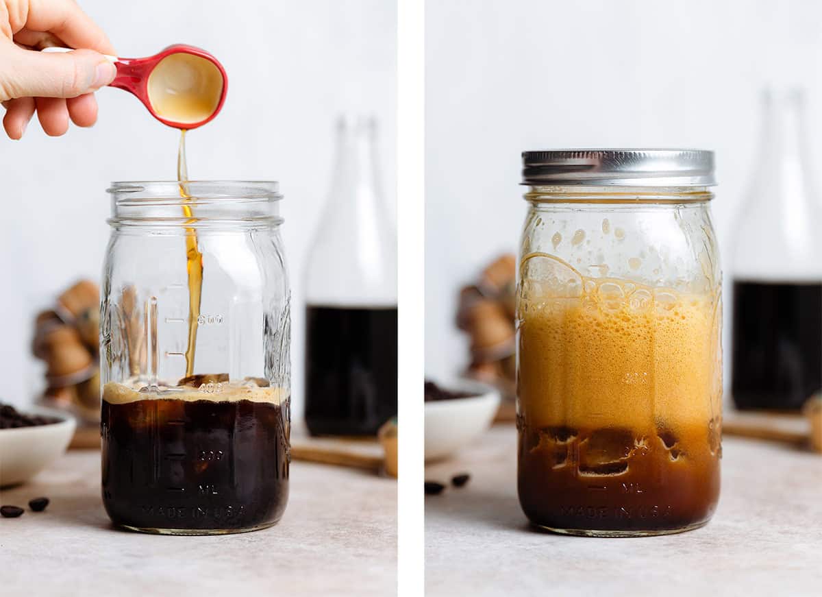 Brown sugar syrup being added into a large mason jar with ice and espresso on the left and after shaking vigorously to create lots of foam on the right.