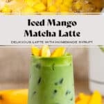 Bright green iced matcha latte in a tall glass with matcha syrup on the bottom, garnished with sliced mango, and with a glass straw.
