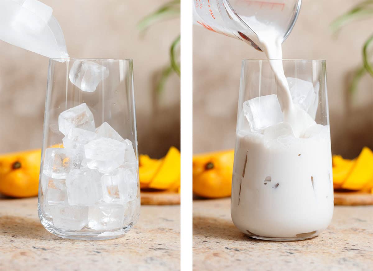 Ice cubes falling into a tall glass on the left and milk being poured over the ice on the right.
