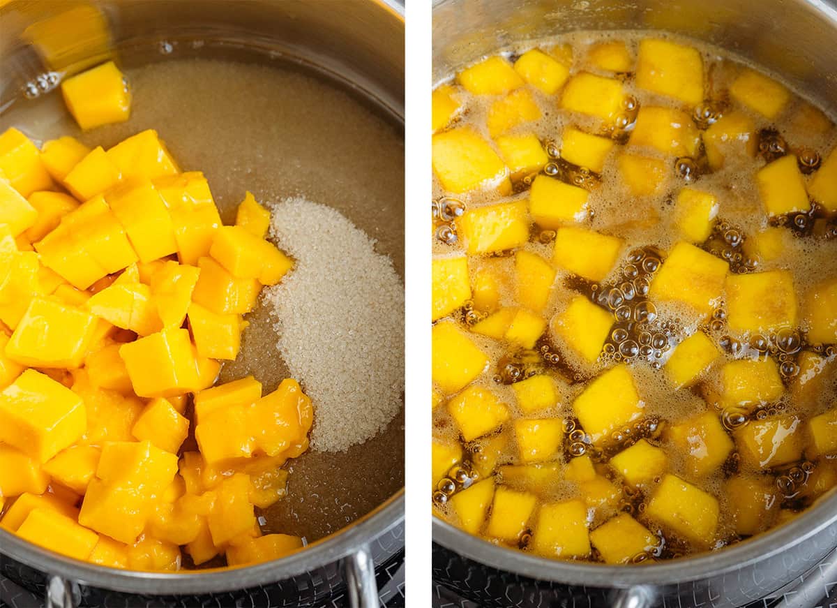 Diced mango, cane sugar, and water simmering in a small saucepan.