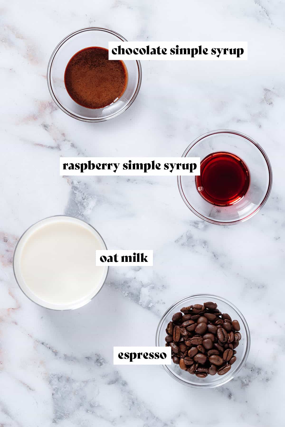 Small glass bowls with milk, chocolate syrup, raspberry syrup, and coffee beans with text overlay.
