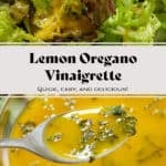 Bright yellow lemon vinaigrette with finely chopped oregano in a glass bowl on the bottom and it being drizzled over lettuce on the top.