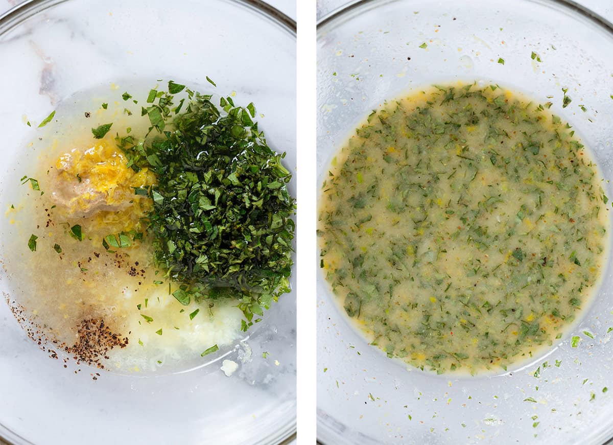 Lemon juice, lemon zest, finely chopped fresh oregano and other ingredients in a glass bowl before and after whisking.
