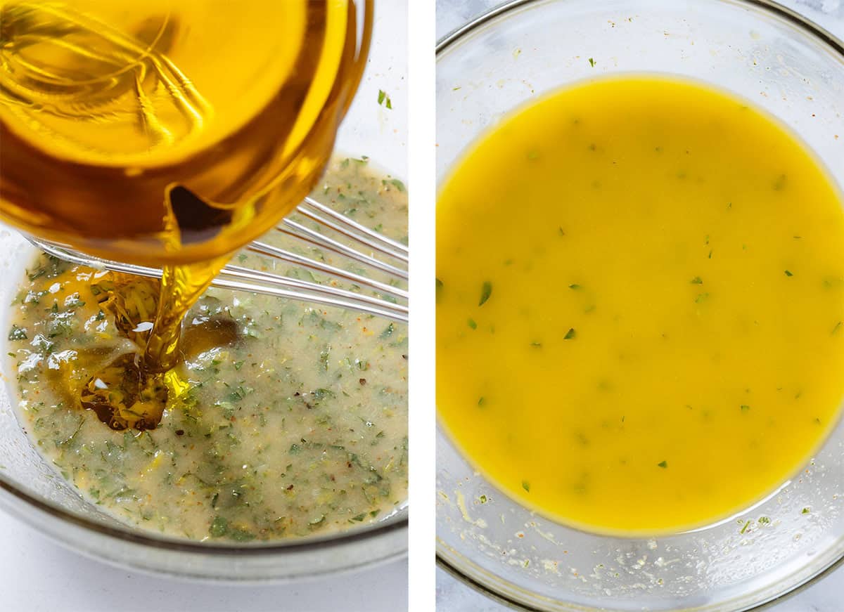 Olive oil being streamed into the vinaigrette on the left and whisked until emulsified on the right.