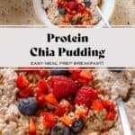 Creamy chocolate protein chia pudding in two white bowls garnished with fresh berries, maple syrup, and seeds with spoons in the bowls.