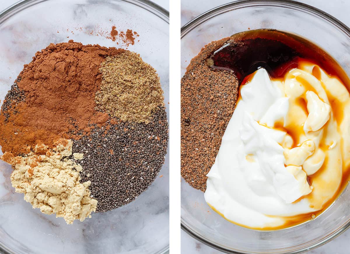Chia seeds with cacao powder, protein powder, ground flax seeds, and cinnamon in a glass bowl on the left, with added yogurt and maple syrup on the right.
