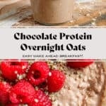 Creamy chocolate protein overnight oats in a glass jar topped with fresh raspberries and seeds with a spoon in the jar.