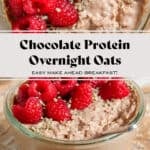 Creamy chocolate protein overnight oats in a glass jar topped with fresh raspberries and seeds with a spoon in the jar.