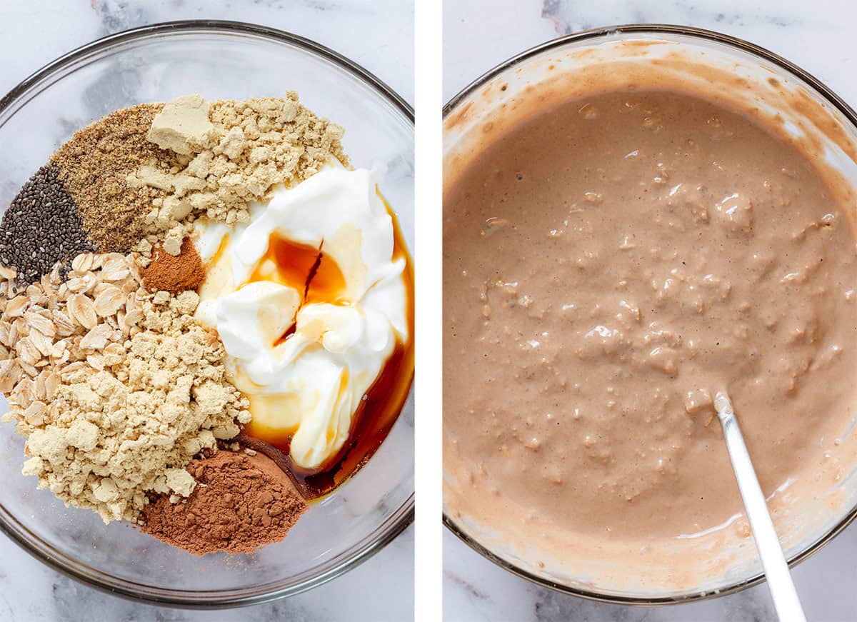 Oats, protein powder, cacao powder, chia seeds, cinnamon, yogurt, and maple syrup in a glass bowl on the left and after whisking on the right.