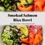 Smoked salmon rice bowl with edamame, cucumber, avocado, pickled red onion, strips of nori, spicy mayo, and sesame seeds.