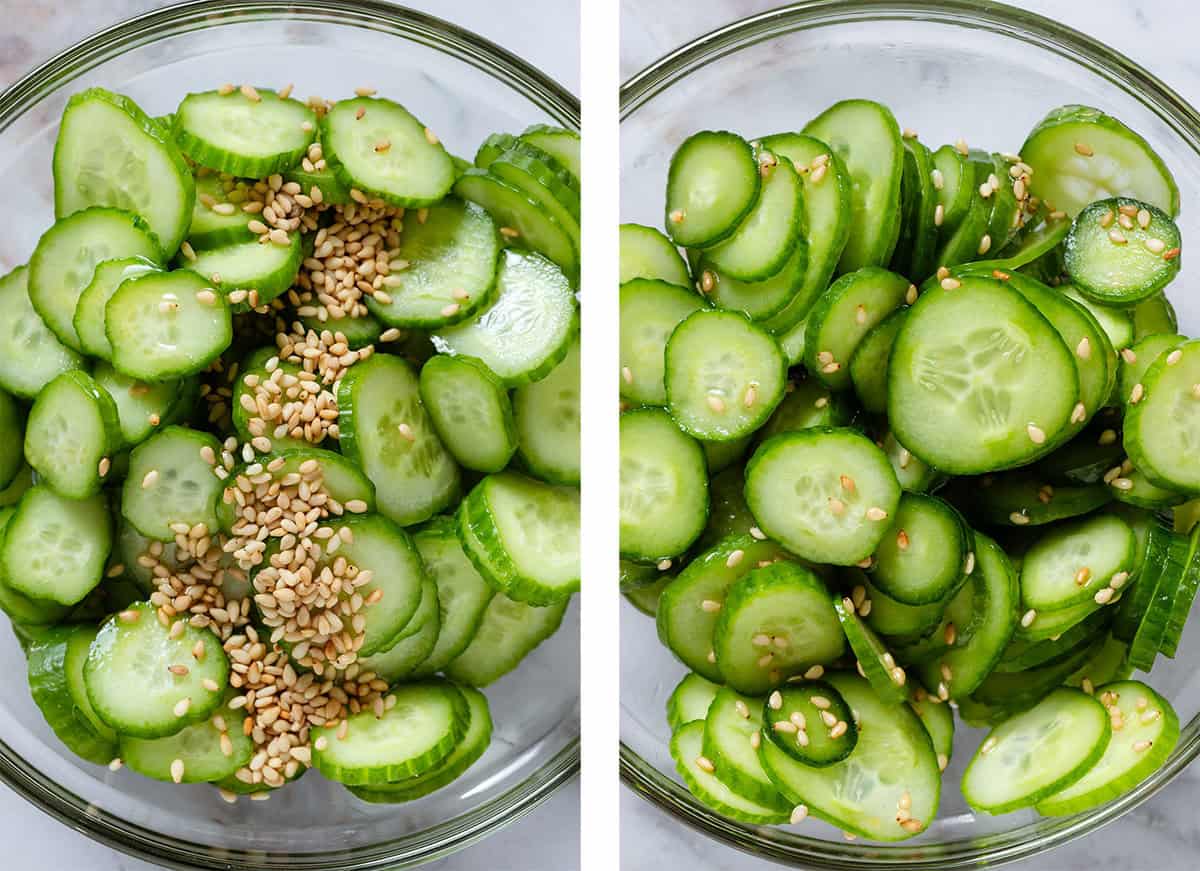 Sliced cucumbers, sesame seeds, and rice vinegar in a glass bowl before and after tossing together.