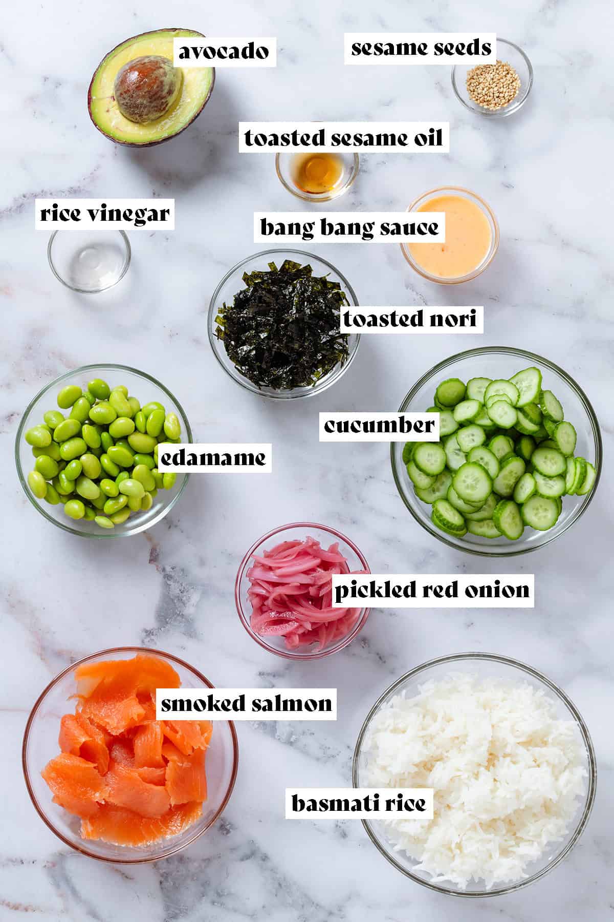 Ingredients like basmati rice, sliced cucumber, smoked salmon, and rice in glass bowls with text overlay.