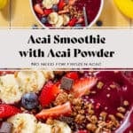 Bright purple acai smoothie in a white bowl topped with sliced banana strawberries, blueberries, and granola.