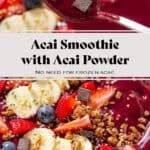 Bright purple acai smoothie in a white bowl topped with sliced banana strawberries, blueberries, and granola, with a spoon in the bowl.