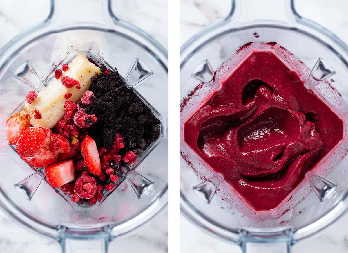 A high-speed blender with frozen banana, berries, acai powder, and coconut water before and after blending.