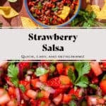 Fresh strawberry salsa in a colorful bowl garnished with two lime wedges and with a tortilla chip dipped into the salsa.