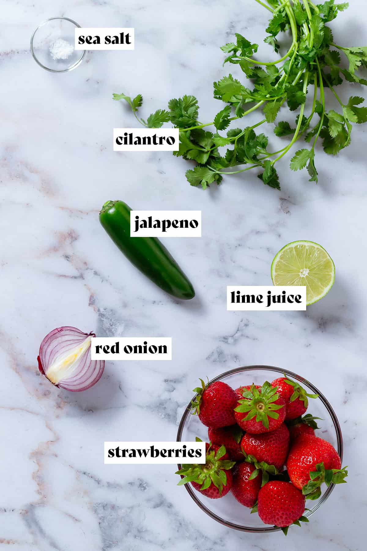 Ingredients like strawberries, cilantro, jalapeno, lime juice, and red onion on a grey background with text overlay.
