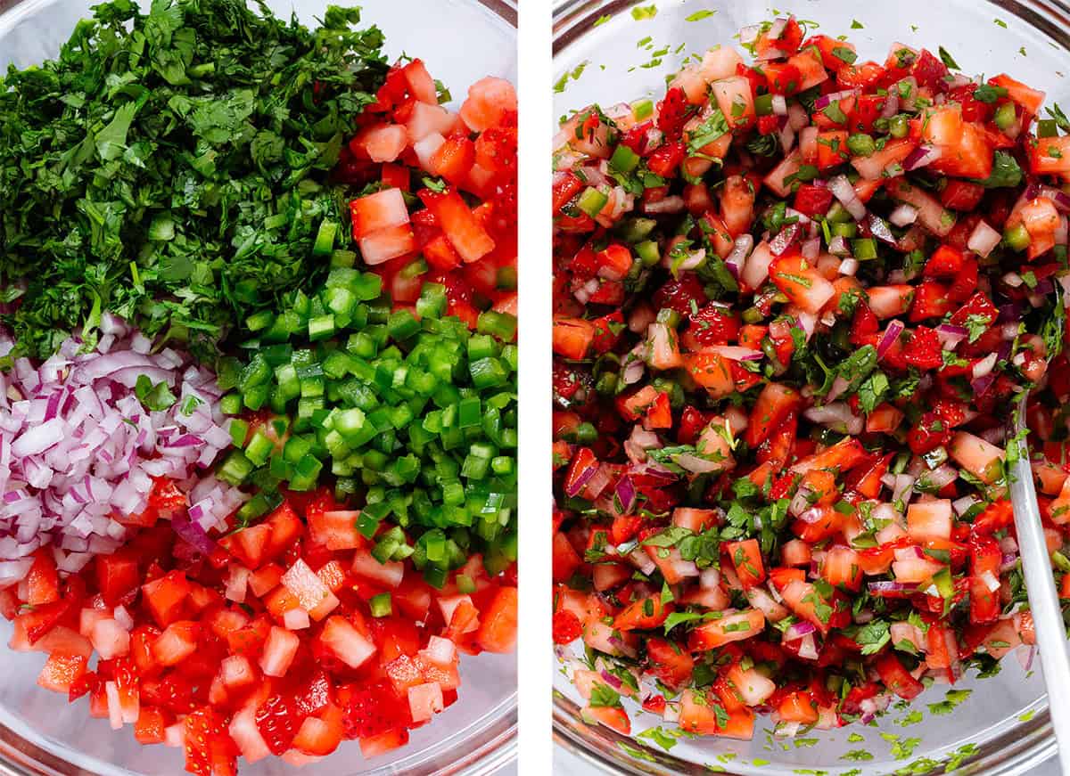 A glass bowl with finely diced strawberries, red onion, jalapeno, onion, and cilantro before and after mixing.