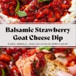 A bowl of soft goat cheese topped with sauteed balsamic strawberries and fresh basil on top and a hand scooping it up with a slice of toasted baguette.