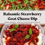 A bowl of soft goat cheese topped with sauteed balsamic strawberries and fresh basil with a slice of toasted baguette dipped into it.