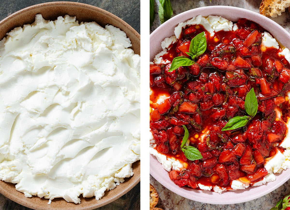 A bowl of soft goat cheese topped with sauteed balsamic strawberries and fresh basil before and after adding the strawberries.