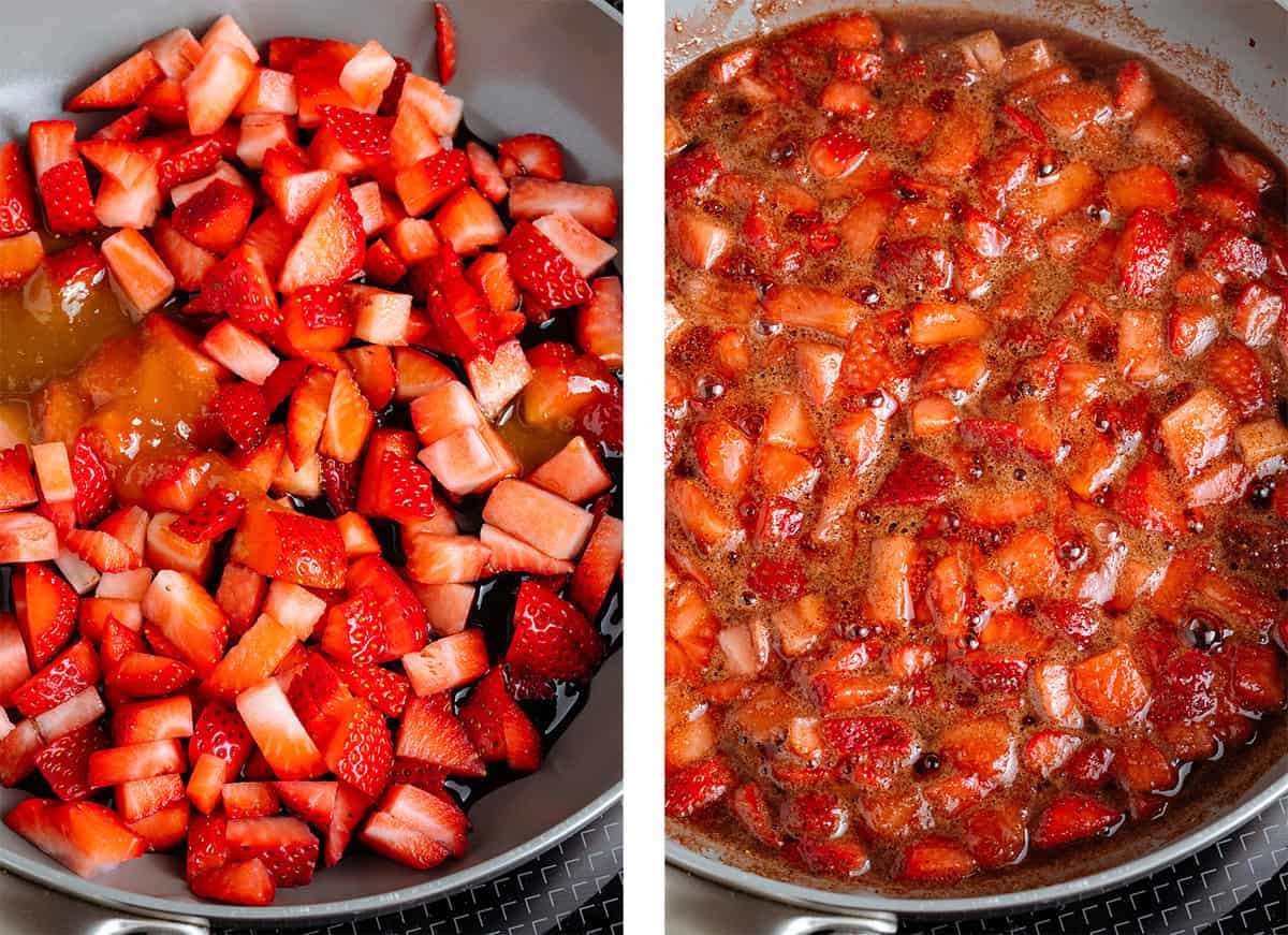 Diced strawberries cooking in a non-stick pan with honey and balsamic vinegar.
