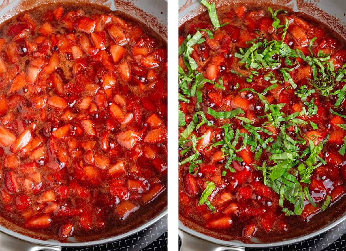 Diced strawberries cooking in a non-stick pan with honey, balsamic vinegar, and chopped basil.