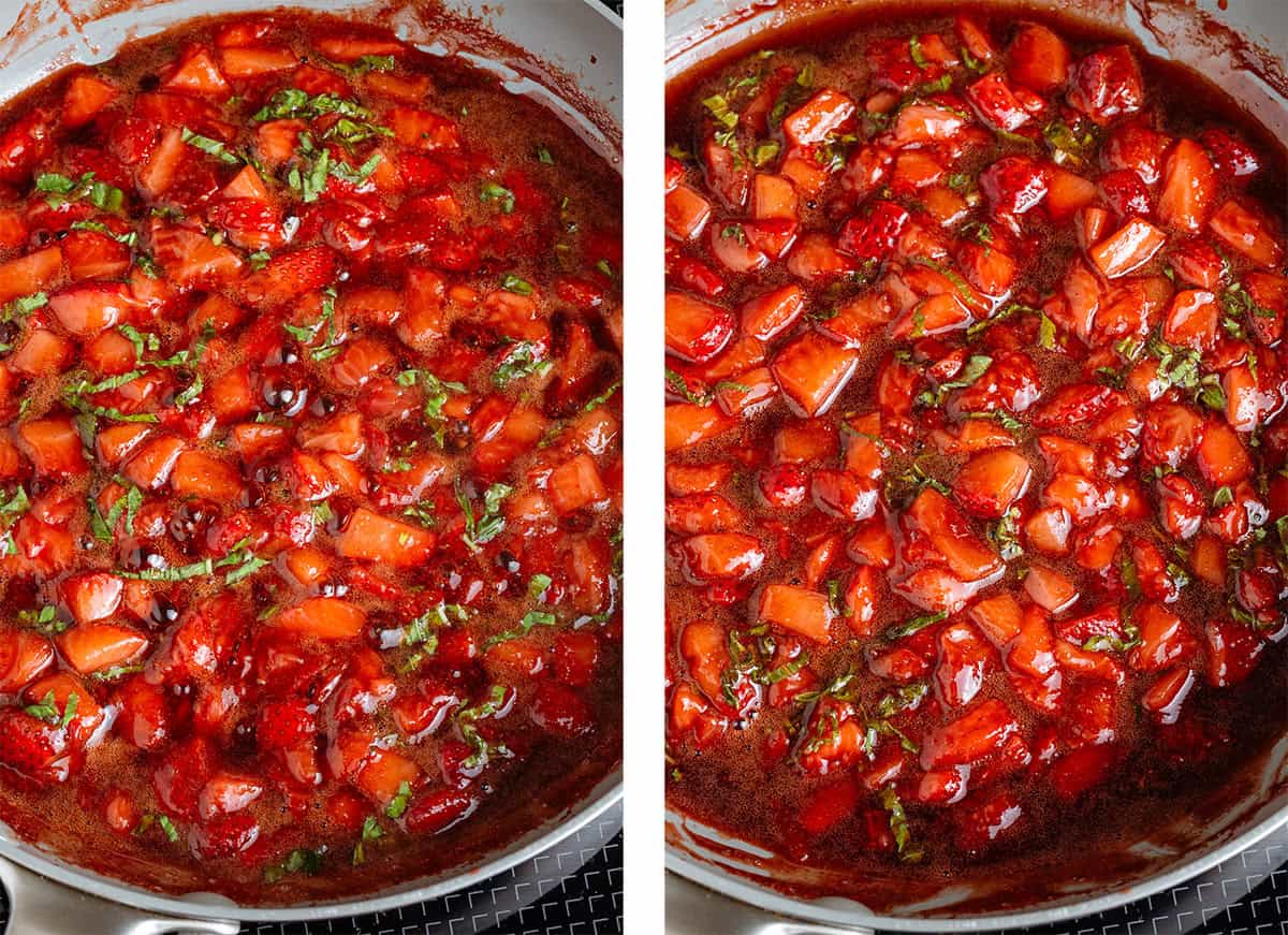 Diced strawberries cooking in a non-stick pan with honey, balsamic vinegar, basil, and tapioca starch.