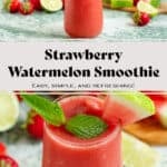 Watermelon smoothie in a tall glass garnished with a wedge of watermelon and fresh mint.