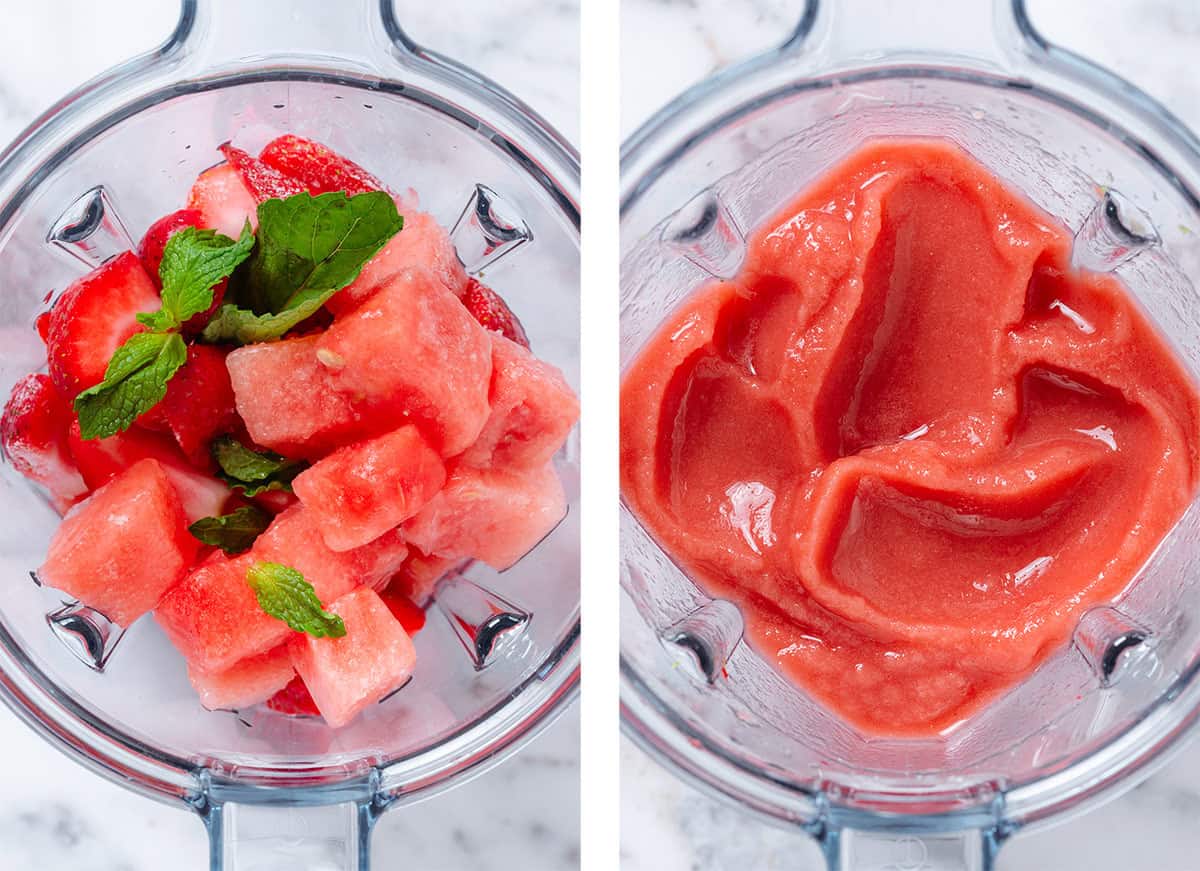 A high-speed blender with frozen diced watermelon, strawberries, and fresh mint before and after blending into a slushie.