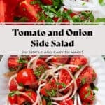 Tomato and onion salad with parsley in a white bowl seasoned with black pepper, with a fork and a spoon in the bowl.