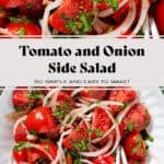 Tomato and onion salad with parsley in a white bowl seasoned with black pepper, with a fork and a spoon in the bowl.