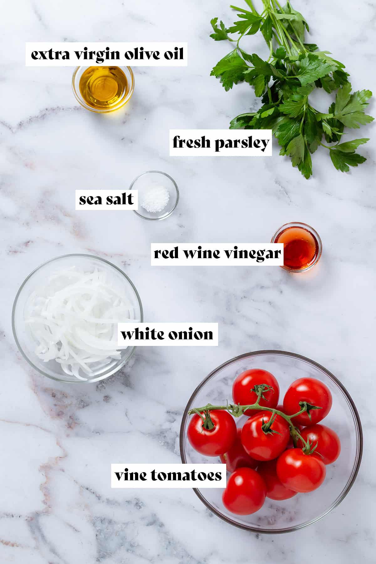 Ingredients like tomatoes, white onion, vinegar, oil, and parsley with text overlay.