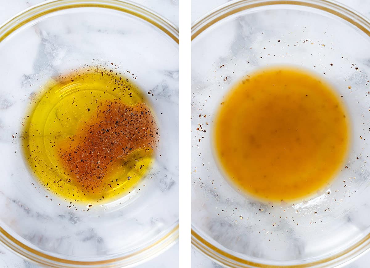 Olive oil, red wine vinegar, salt, and pepper in a glass bowl before and after whisking.