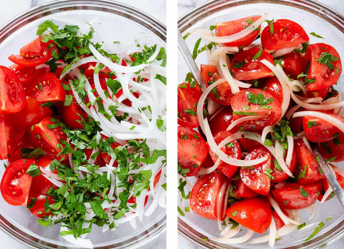 Quartered tomatoes, sliced white onion, and chopped parsley in a glass bowl before and after mixing.