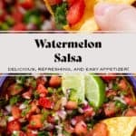 Fresh watermelon salsa in a colorful bowl with a blue rim garnished with two lemon wedges and tajin with a tortilla chip in the bowl.
