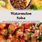 Fresh watermelon salsa in a colorful bowl with a blue rim garnished with two lemon wedges and with a tortilla chip in the bowl.