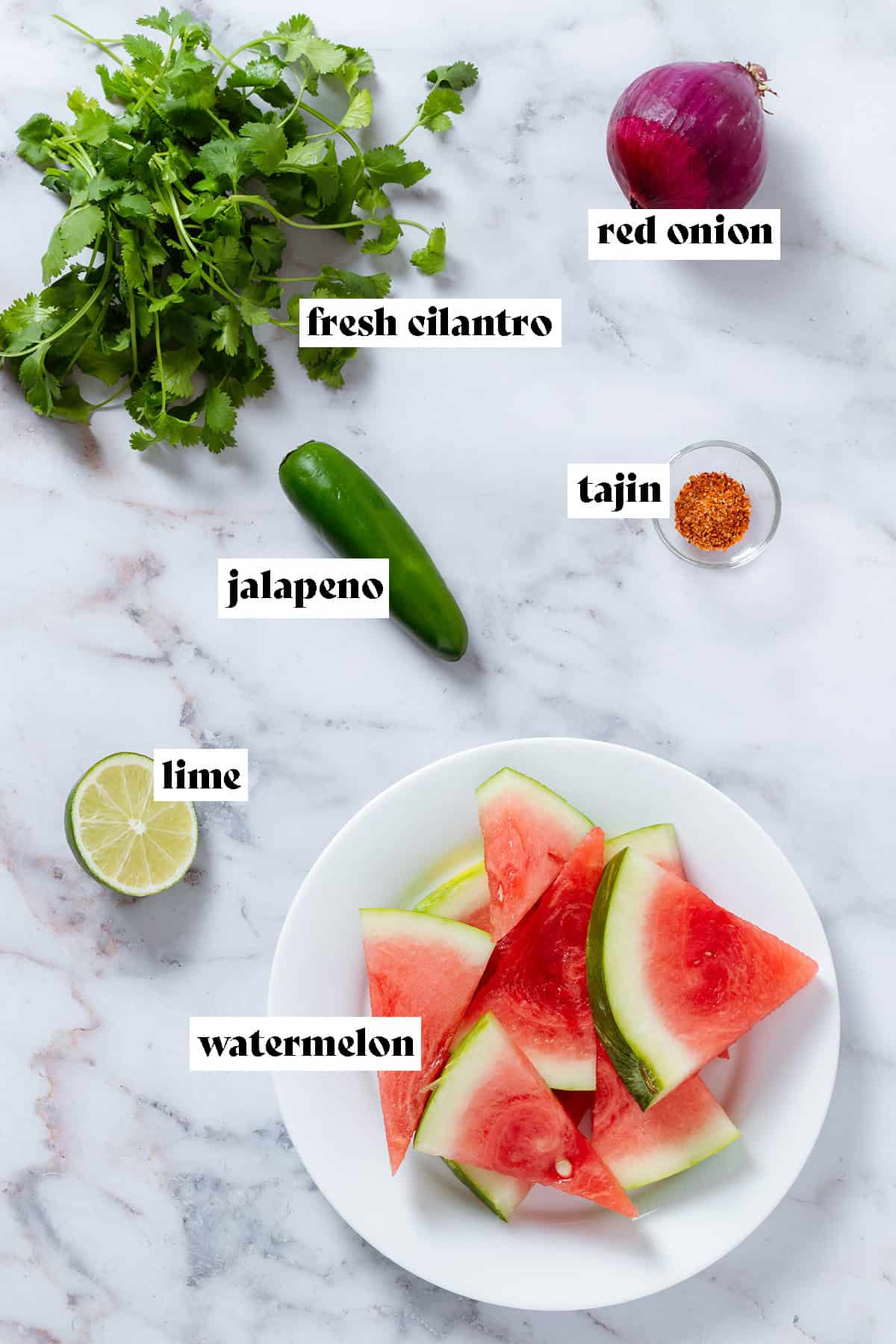 Watermelon wedges on a plate, fresh cilantro, red onion, jalapeno, lime, and tajin on a grey background with text overlay.