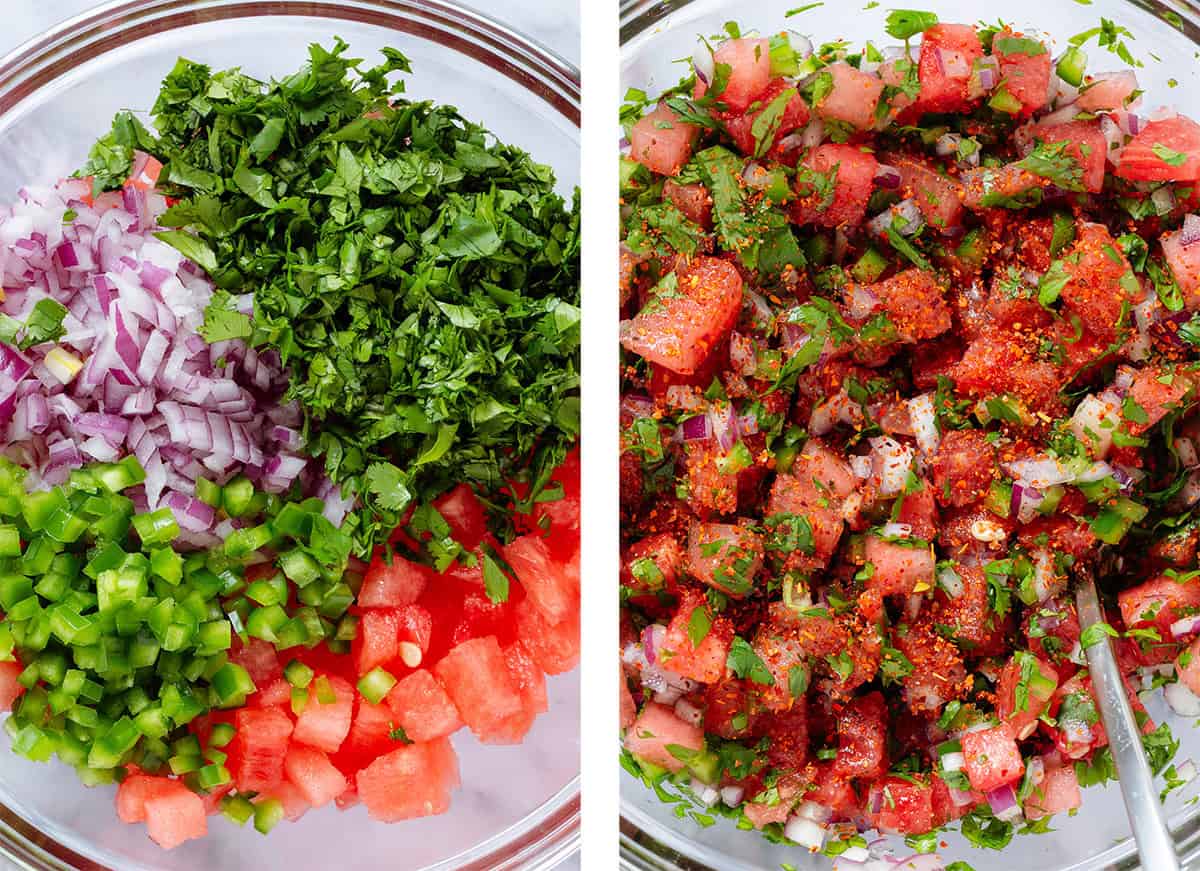 Diced watermelon, red onion, jalapeno, and cilantro in a glass bowl before and after mixing.