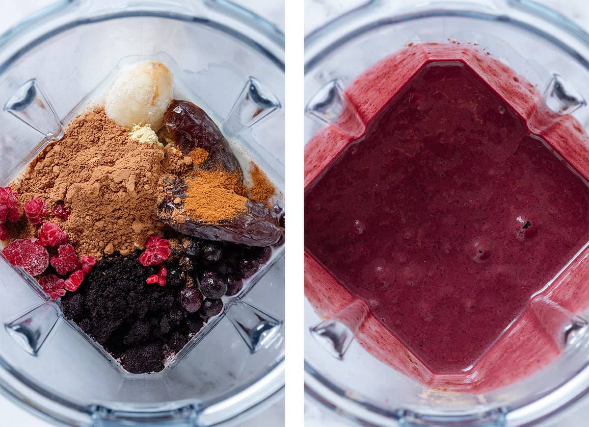 A high-speed blender with frozen berries, banana, cacao powder, acai powder, dates, milk, and cinnamon before and after blending.